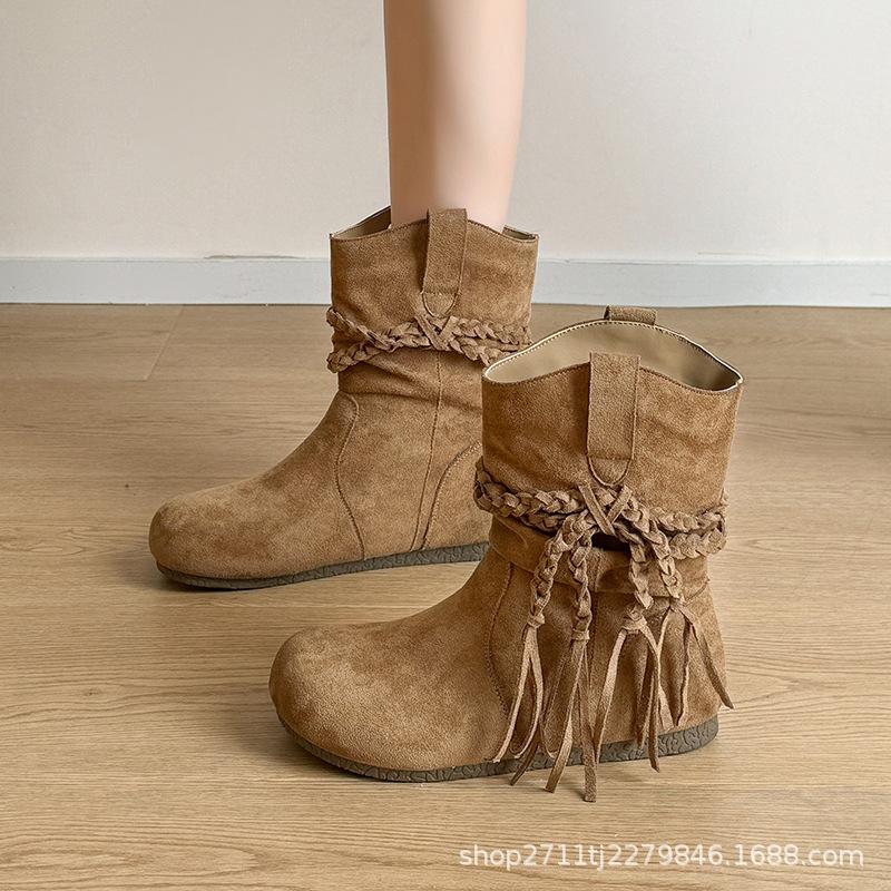 Retro western cowboy boots tassel inner height 2025 velvet autumn and winter outer wear medium tube knight boots round head short boots