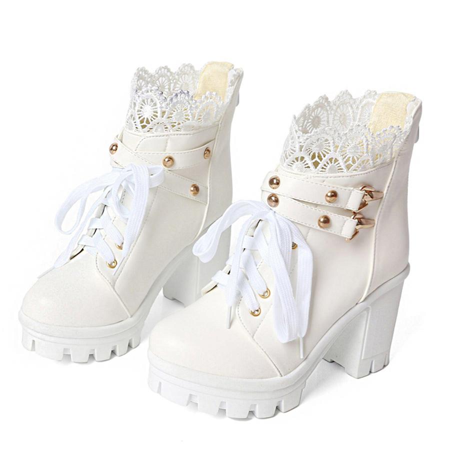 FOREADA Women Ankle Boots Round Toe Thick High Heels Rivets Zipper Lace-up Platform Lace Short Boots Ladies Fashion Shoes Autumn Winter