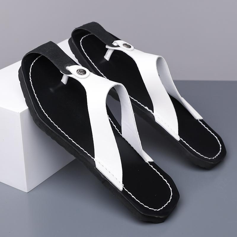 Herren Schwarz Leder Pantoffeln Einfache Flache Sommer Weiße Flip-Flops Outdoor Sandalen Braun Offene Zehen Strand Schuhe Übergröße