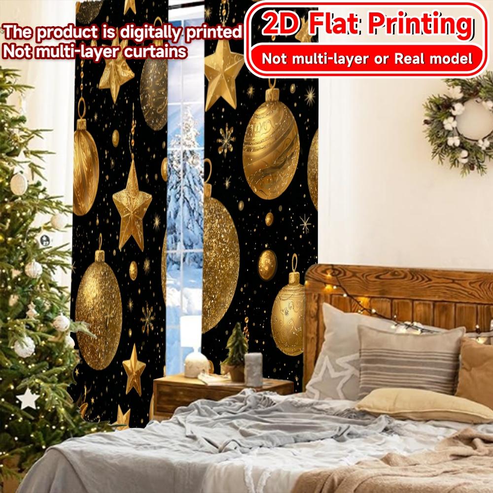 Set Of 2 Flat Printing Golden Festivities Popular Creative Curtains Durable Polyester Fabric Decorations Perfect Made