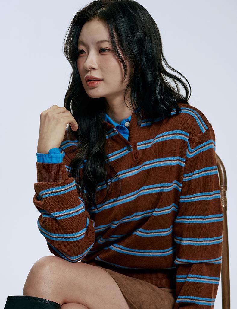 CLEVER FIELD Academy Striped Collared Knit_Brown