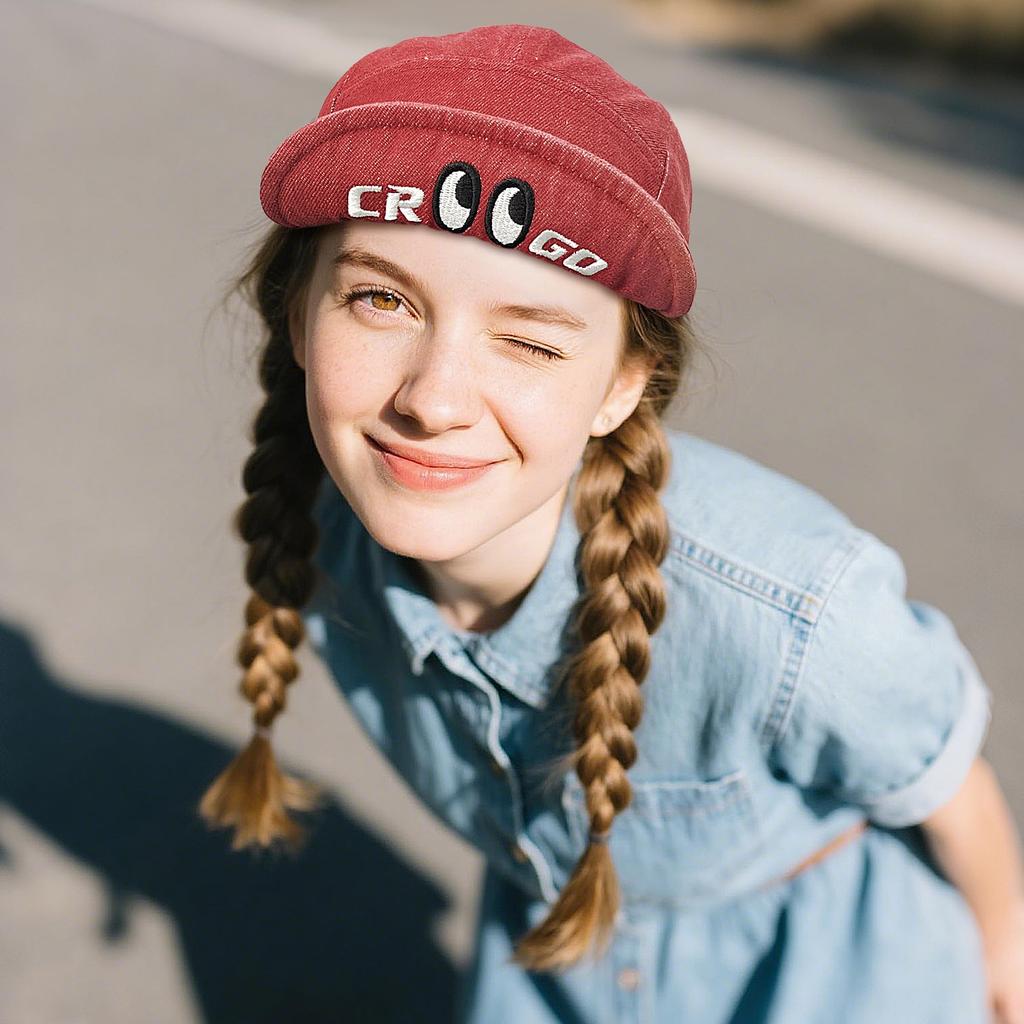 umpire cap with cute embroidered and a short Perfect for men and street style Adjustable Original Denim-style eyes, wired, brim. women's outfits.