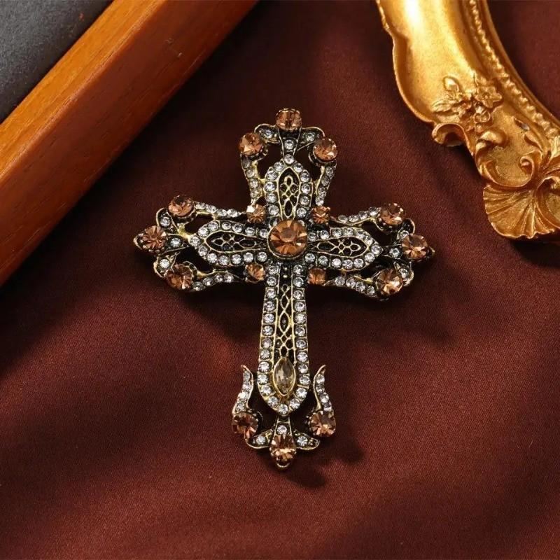 SKEDS Cross Brooch Dark Green Gorgeous Medieval Sparkly Vintage Style Pins White Beautiful Gift for Women Girlfriend