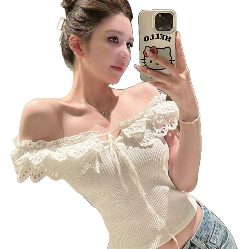 Women's One-Shoulder Patchwork Sleeveless T-Shirt, Slim Fit, Waist-Cinched, Pure Desire Summer Style