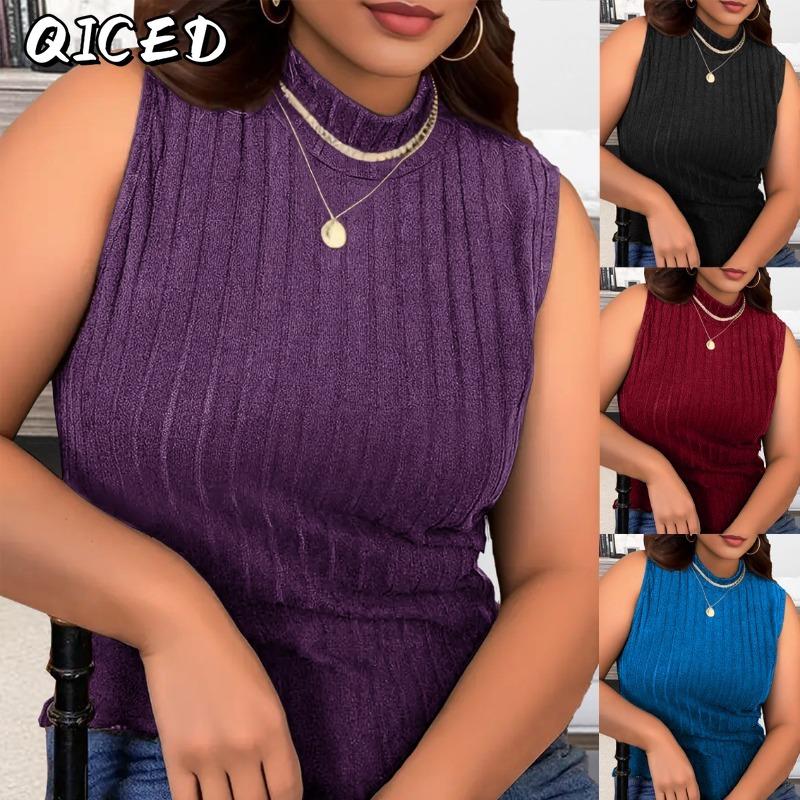 QICED Women's Fashion Casual Solid Color Print Sleeveless O-Neck Blouses & Shirts