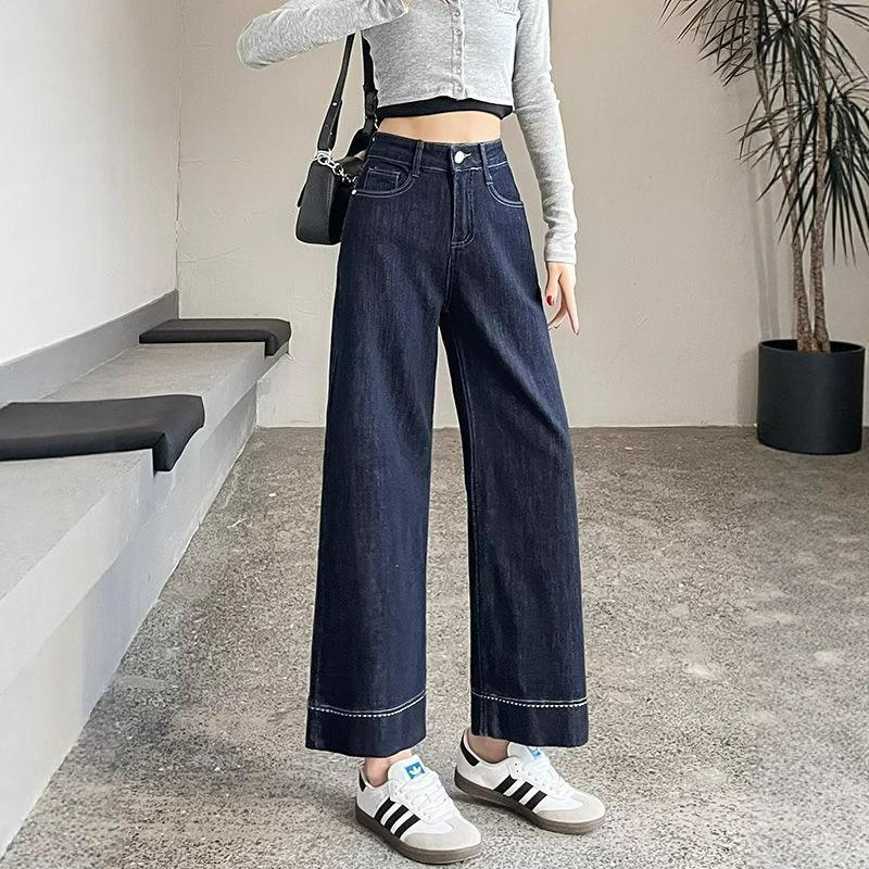 Draped Dark Blue High-waisted Jeans Women's Summer Thin Section Loose Nine-minute Straight Wide-leg Pants Retro Street Style Baggy Jeans for Ladies