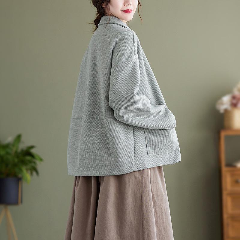 GMXIA Autumn Waffle Extra Suit Collar Short Loose Long-sleeved Top for Women