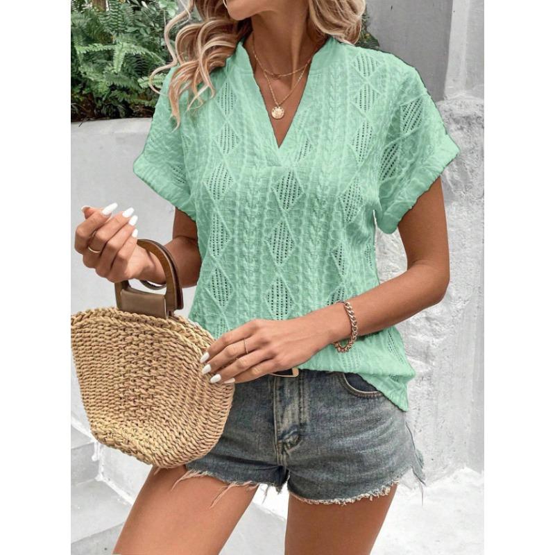 Letní dámská ležérní košile s volným krátkým rukávem s dutým žakárovým límečkem do V