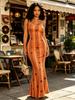 Women's Modern Elegant Casual Fashion Spring Summer Autumn Sleeveless Spaghetti Strap Bodycon Mermaid Dress with Orange Vertical Stripe and Dot Print