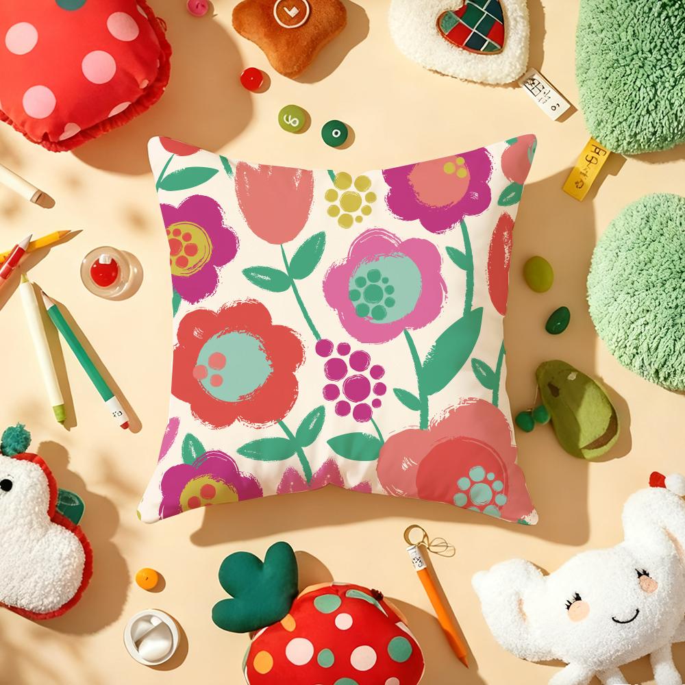 Colorful Flowers Cushion Cover Soft Short Plush DoubleSided Printing Home Decor Machine Washable Pillow Case Gift