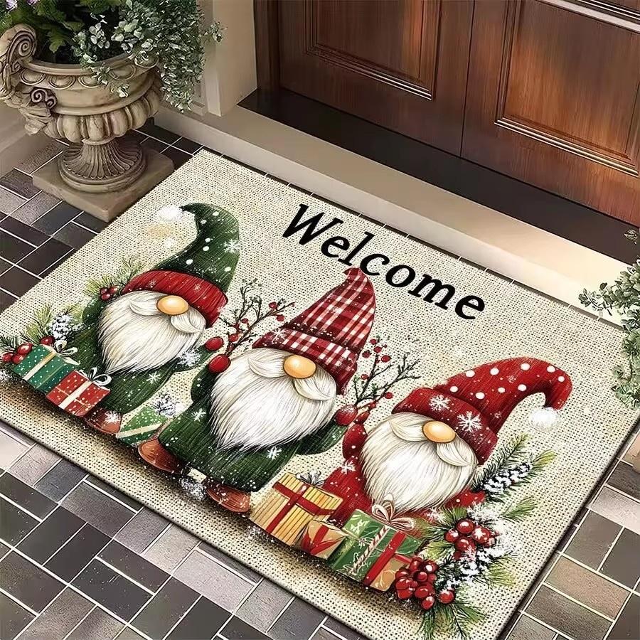 Christmas Gnome Print Doormat Black Festive Door Mat Floor for Kitchen Living Room Bedroom Bathroom Holiday for Halloween Decor