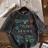 Korean Aesthetic Washed Black Tees Cute Handwriting Bear and Sheep Prints for Fans Shirts for Women Women Clothing