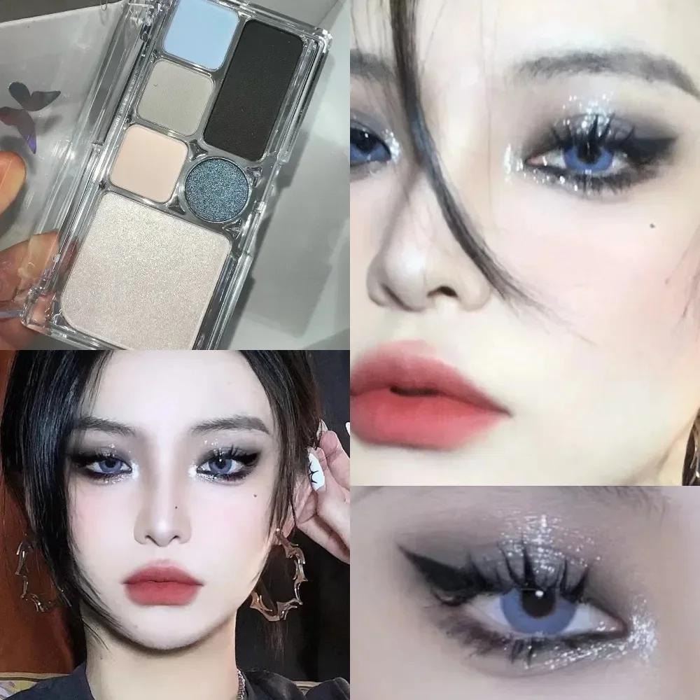 Palette d'ombres à paupières 6 couleurs Punk Smoky Noir Pailletée Nacrée Palette d'ombres à paupières Coréenne Bleue Brillante Contour Blush Maquillage