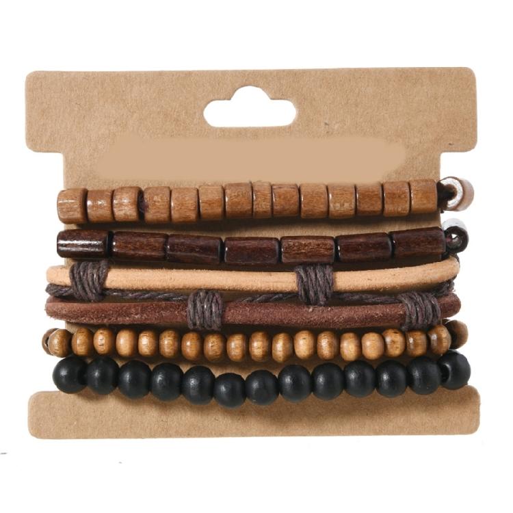 Set of 5Pcs Wooden Bead Coconut Shell Bracelet Elastic Stretch Cord Wristlet Multilayer Adjustable Retro Jewelry Gift