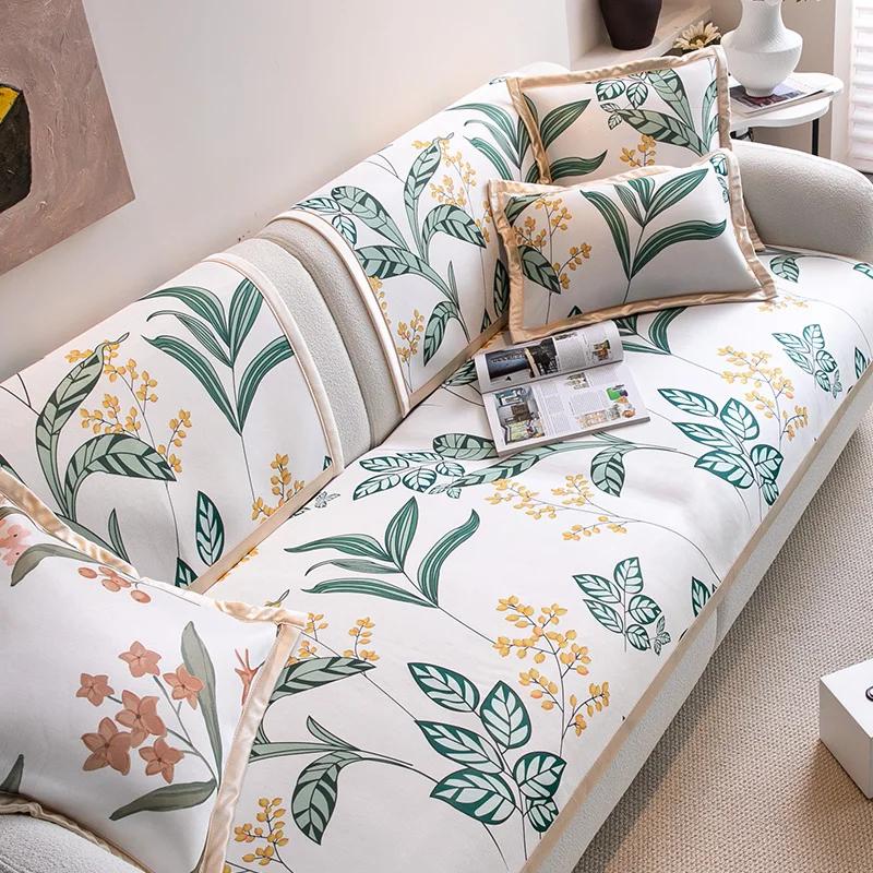 Non-Slip Cool Sofa Cover Ice Silk Sofa Cushion American Style Printed Summer Cooling Living Room Sofa Cover Machine Washable