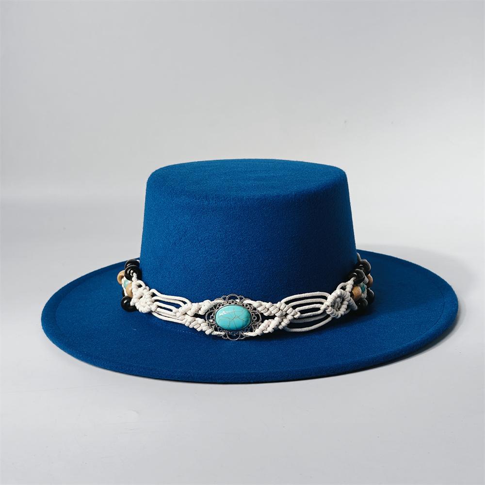 TurquoiseFedora Hat Women Men Autumn Winter Classic Felt Wide Brim Flat Top Jazz Panama Hat Casual Party Church Hat