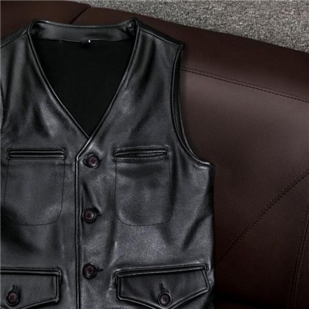 The First Layer of Pure Cowhide Leather Vest Short V-neck Leather Vest Slim-fitting Leather Vest Casual