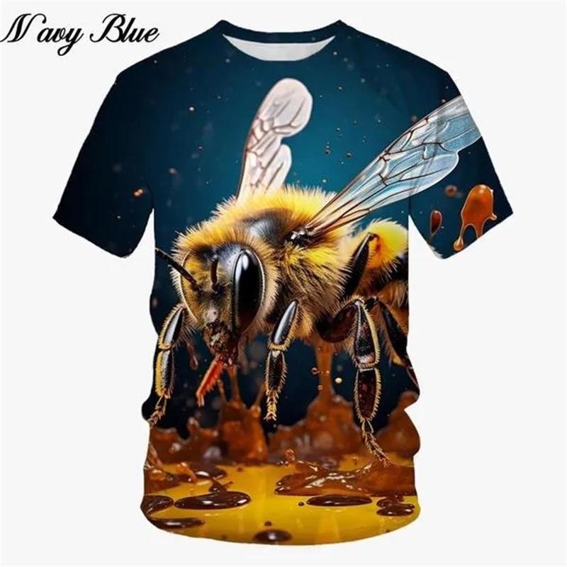 Summer Round Neck 3D Honeybee Pattern Print Top Fashionable Casual Short Sleeved Men's T-shirts