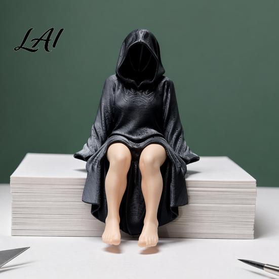 3D Printed Woman Statue Black Robe Women Figurine Sitting Hooded Female Shelf Office Desk Decoration Sitter Gothic for Home Bookshelf Decorative