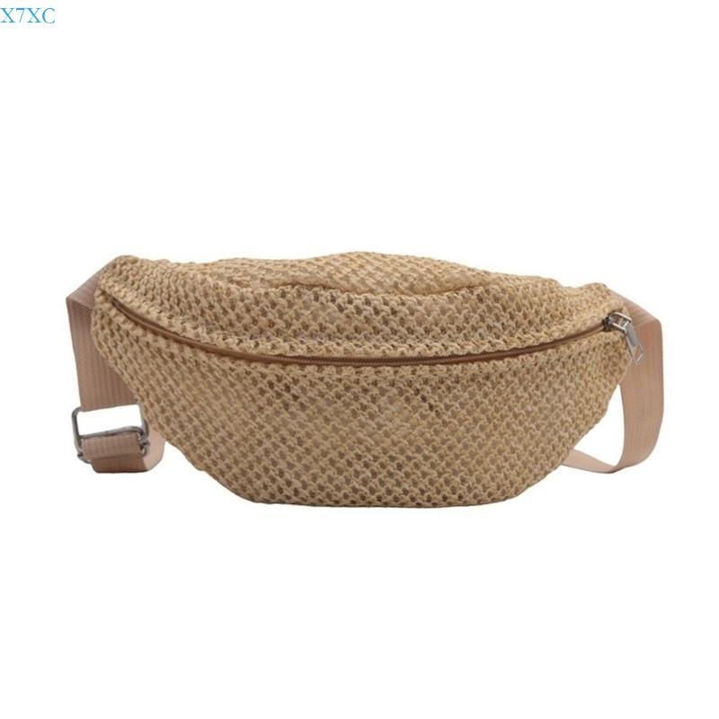 

X7XC Women Casual Straw Crossbody Bag Woven Chest Bag Belt for Outdoor Activity хаки