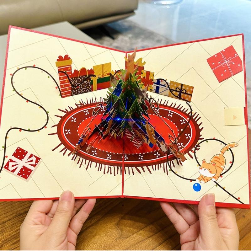 Musical Holiday Card Highlighting 3D Paper Sculpture Christmas Tree And Cats Participatory Light Consequences Artisanal Plan