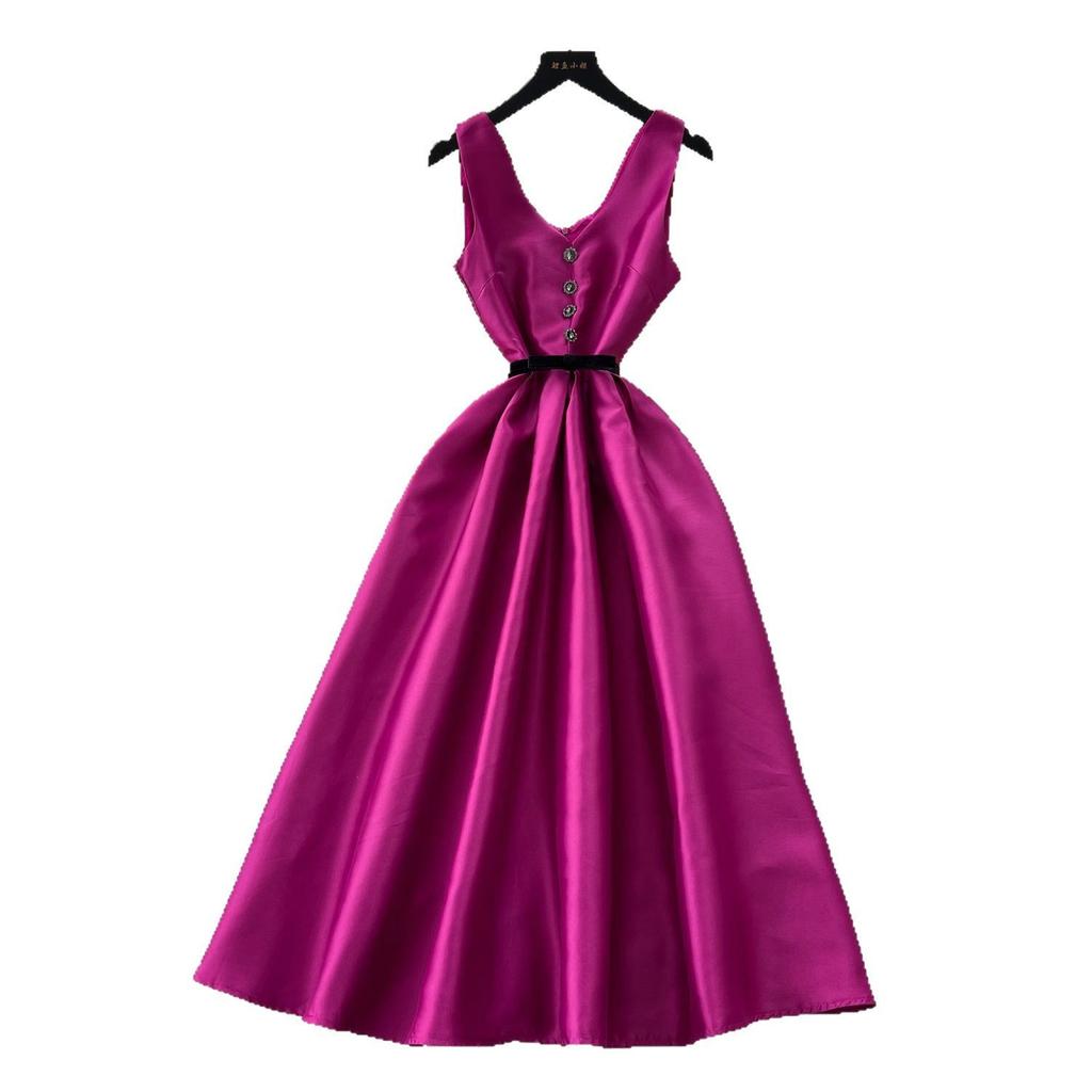 High-end Dress Female Summer Socialite Fashion V-neck Suspender Waist Satin Dress Female Slim Temperament Long Dress