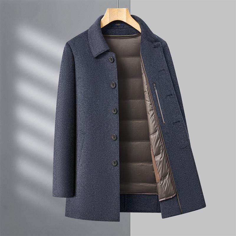 Men's Double-Faced Cashmere Overcoat with Detachable Down Lining - Business Casual Mid-Length for Middle-Aged Dads