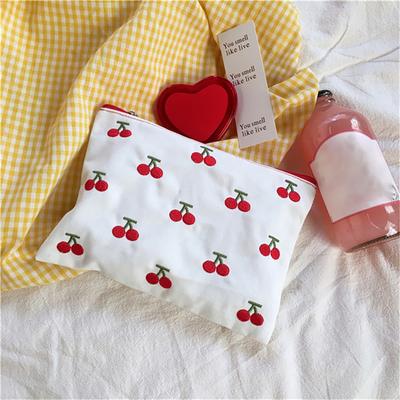 Lipstick Organizer Cherry Embroidery Exquisite Workmanship Canvas Zipper Print Cosmetic Makeup Bag for Vacation