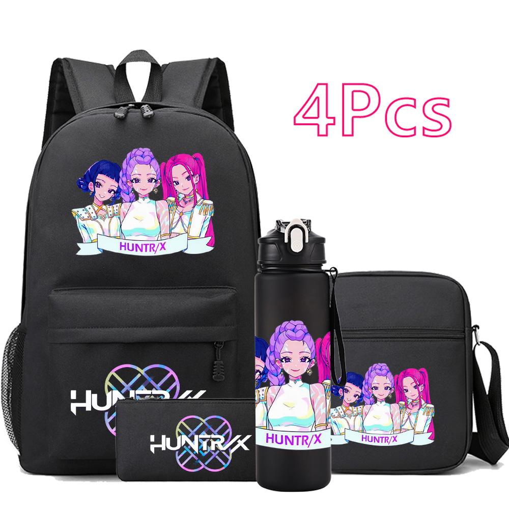 4Pcs/set Anime Cartoon K-Pop Printed Backpack with 750Ml Water Bottler for Teenager Student Girl Boy Bookbag Kid Gift Large Capacity Travel Bag