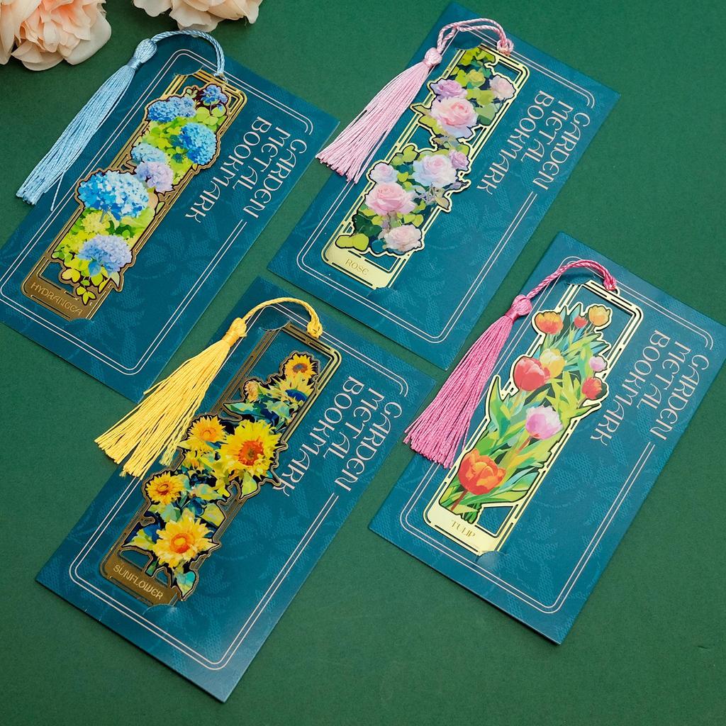Elegant Floral Metal Bookmark with Tassel - Rose, Sunflower & Hydrangea Design
