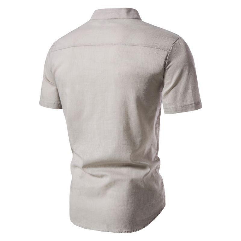 Baumwolle Leinen Herren Kragen Knopf Langarm Tops Sommer Grandad Shirt Bluse T-Shirt