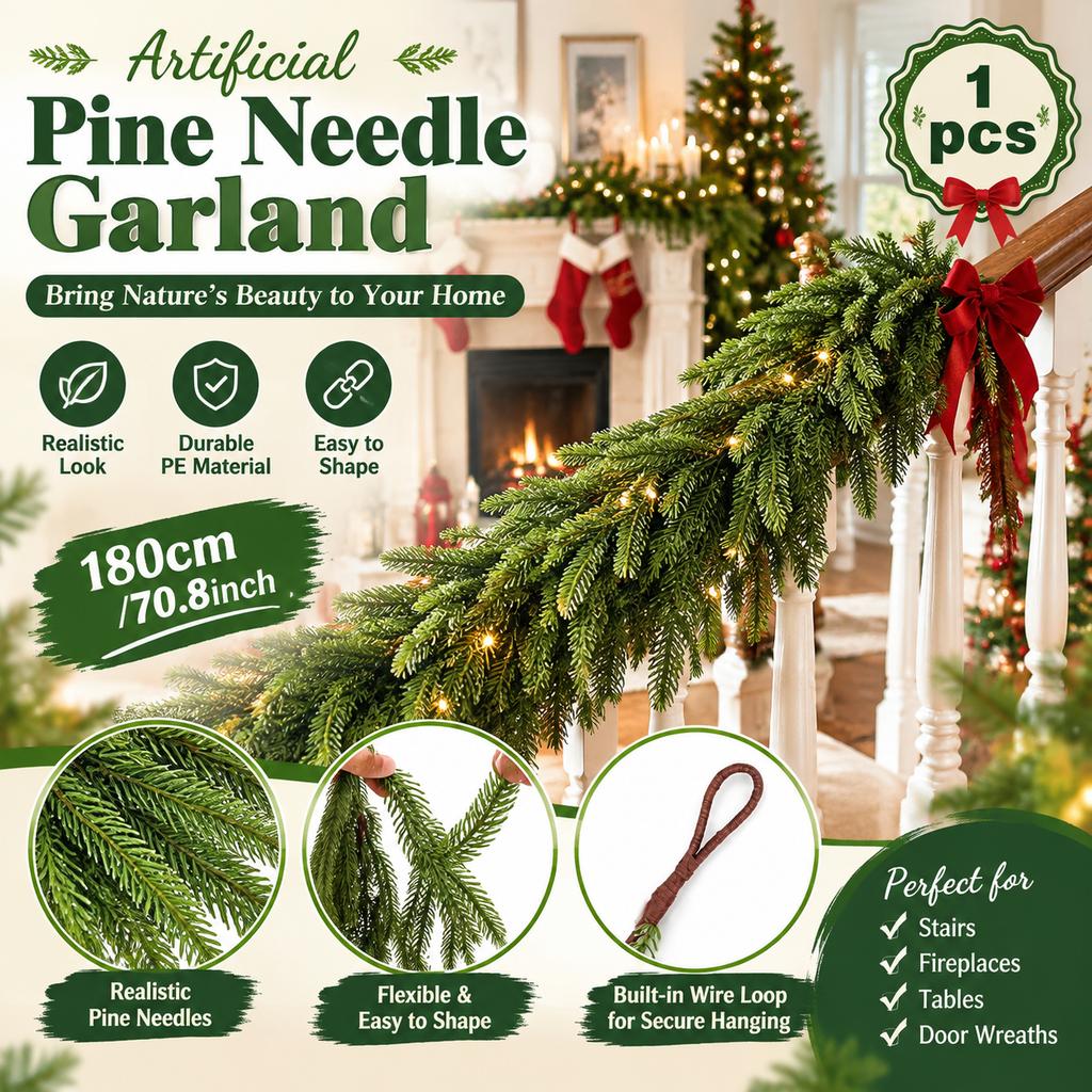 European Style Artificial Pine Needle Garland with Wire Loop, PE Material for Christmas and Home Decor