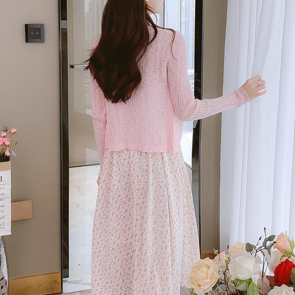 French Floral Spring Knit Cardigan & Suspender Dress Set for Women