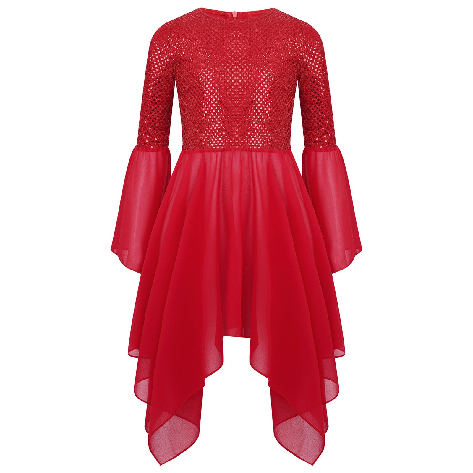 

Girls Liturgical Dance Dress Shiny Sequins Patchwork Round Neck Flared Sleeve Asymmetrical Hem Performance Tunic