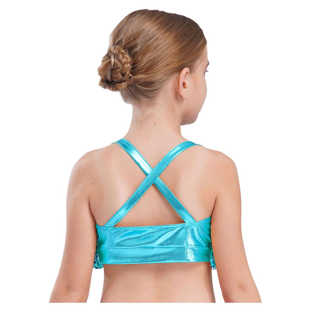 Girls Glittery Sequins Crop Top Tiered Ruffles Cross Back Metallic Camisole for Jazz Dance Performance