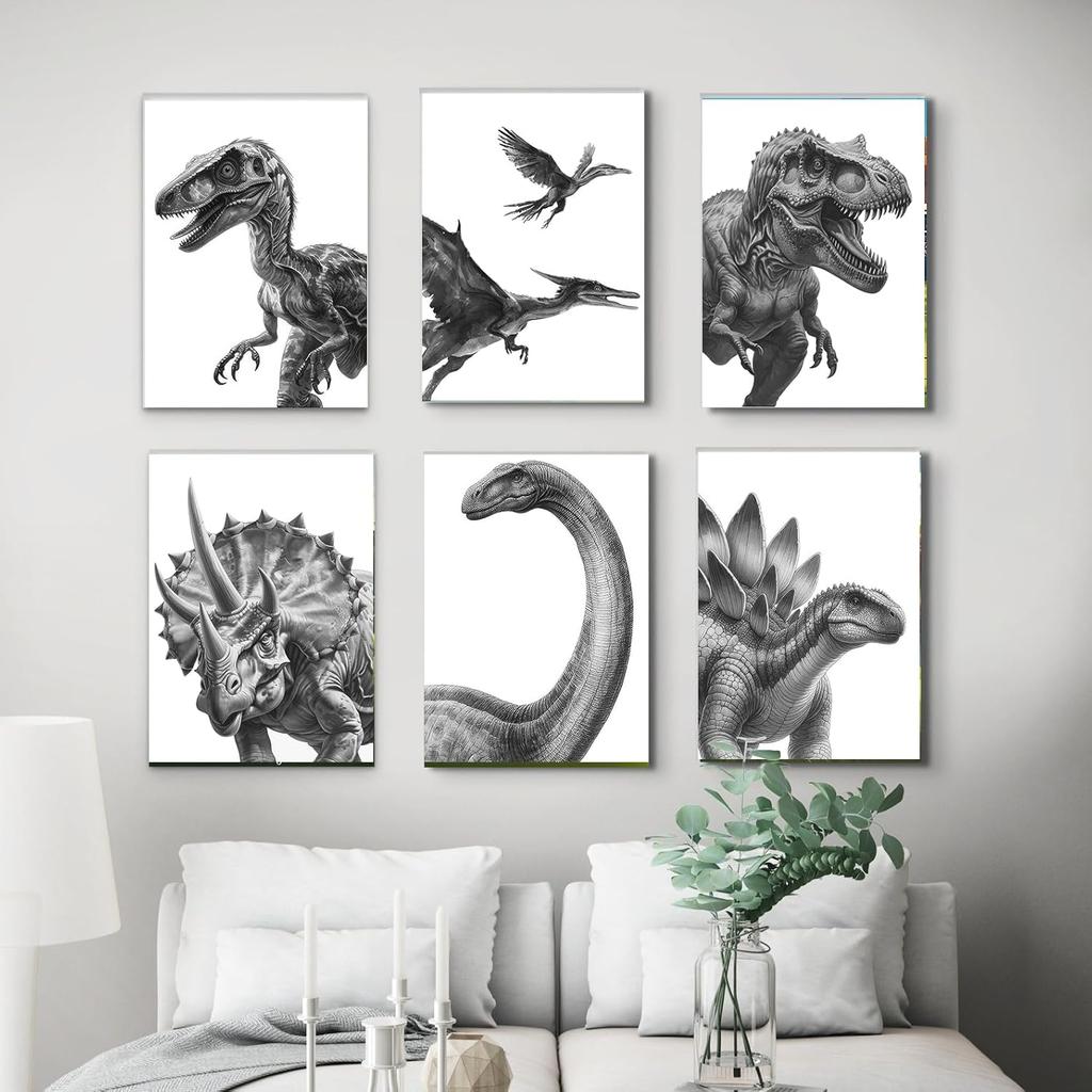 Dinosaur Poster T-Rex Print For Kids Decor Vintage Dinosaur Canvas Wall Art For Modern Family Decor (8×12 inch,Set of 6, Unframed)