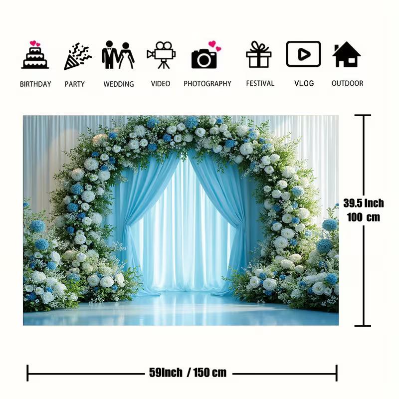2D Light Blue Wedding Backdrop Floral Arch Ceremony Photography Background
