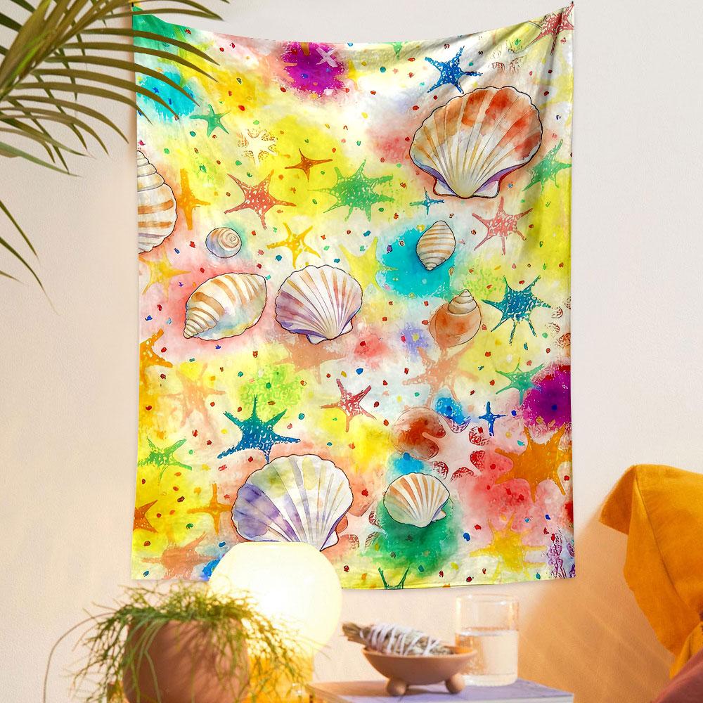 Colorful Seashells and Starfish Pattern Patterned tapestry home decor, suitable for bedroom and living room, gift