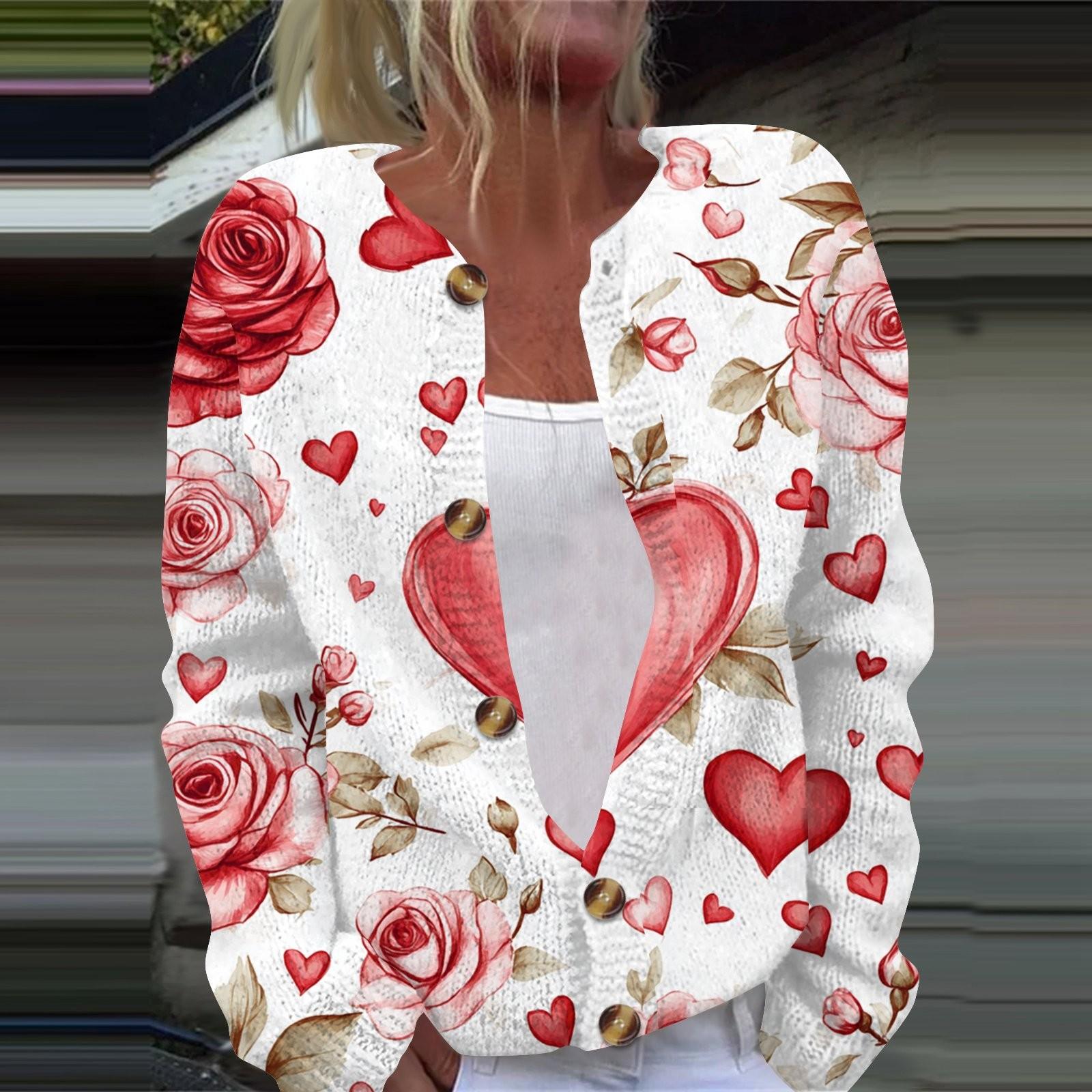 

Женская мода День святого Валентина Сердце Принт Длинный рукав Вязаный кардиган Куртка на пуговицах L бежевый