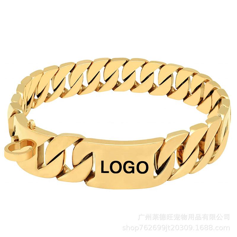 Engraved Titanium Steel Dog Collar & Leash Set with Gold Curved Plate - 32mm Stainless Steel for Large Dogs 35cm