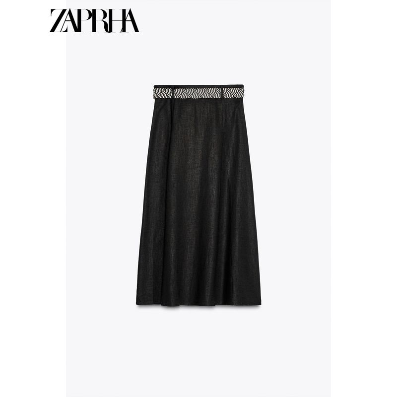 Zaprha 2025 Summer New Minimalist Style With Belt Linen Blend High Waist Midi Skirt 0387065