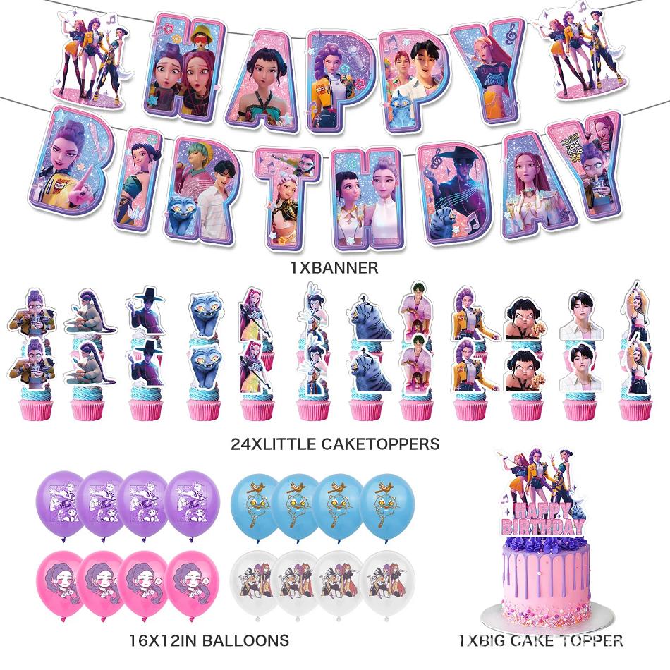 New Kpop Demon Hunters Birthday Party Decoration Supplie Set Cake Topper Flag Supplies Personalized Birthday Party Decor Anime