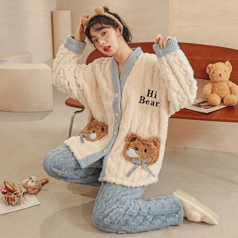 

Пижамный комплект с медведем, женская зимняя пижама с длинным рукавом и длинными штанами, теплая пижама, милая пижама, мягкая пижама, удобная пижама для девочек 3XL