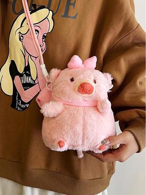 Bolsa de Pelúcia Coração de Porco Rosa Fofo com Laço