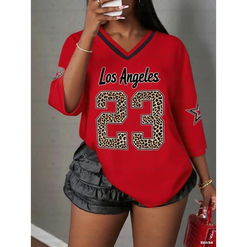 Printed V-neck short sleeved T-shirt, summer pattern T-shirt, baseball shirt, plus size sports T-shirt