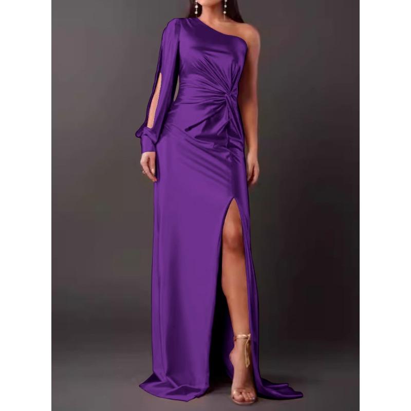 Summer New Women's Clothing Diagonal Collar Shoulder Sleeve Pleated Waist Split Sexy Dress