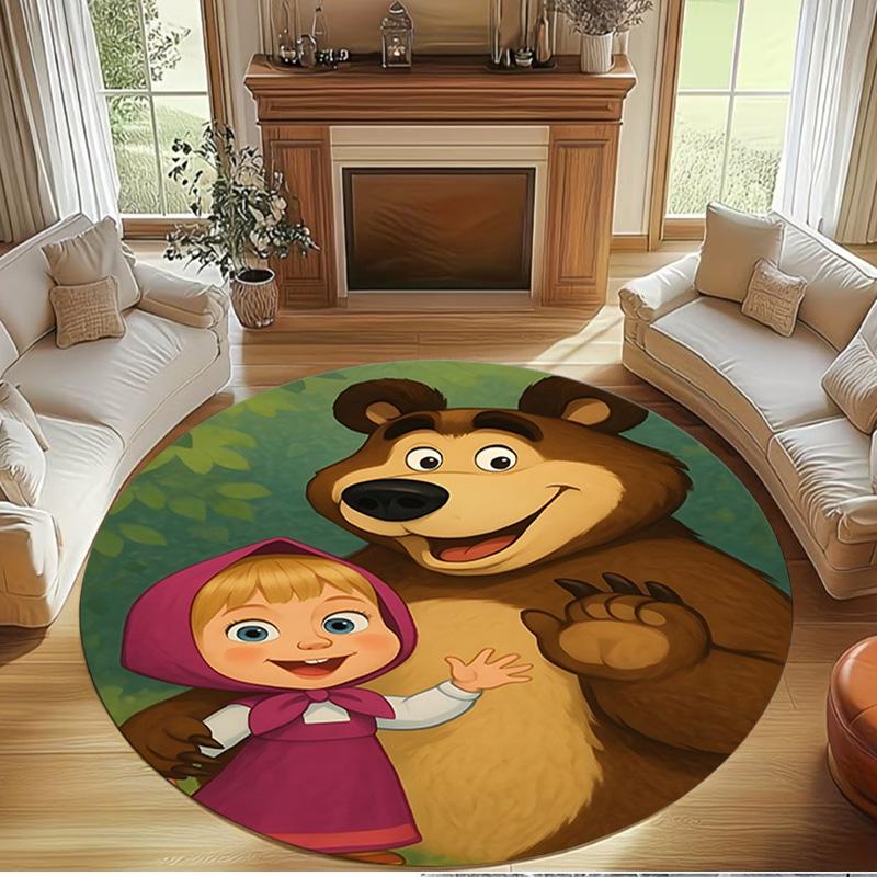 Masha and The Bear Print Round Rug, Washable Floor Carpet, For Entryway Dorm Laundry Room Office Study, Home Decor Birthday Christmas Gift