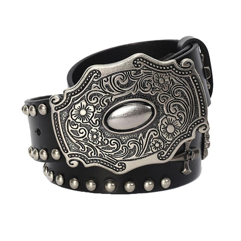 

Jeans Heavy Metal Rivet Belts for Women Genuine Leather Hollow Out Cowskin Belt Punk Rock Female Strap Ceinture Homme 125cm чорний