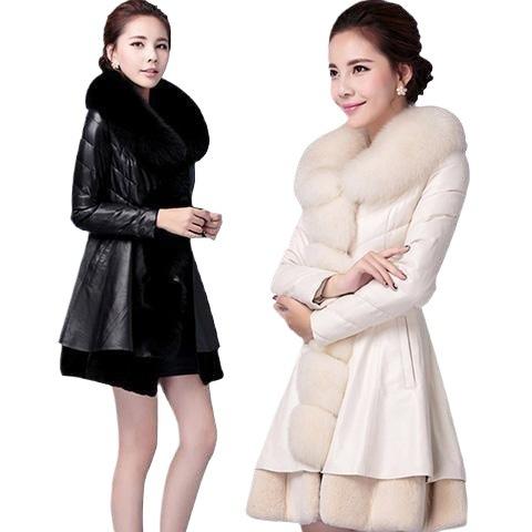 Autumn and winter new large size women's leather jacket fat mm medium and long imitation fox fur collar slim fur PU jacket