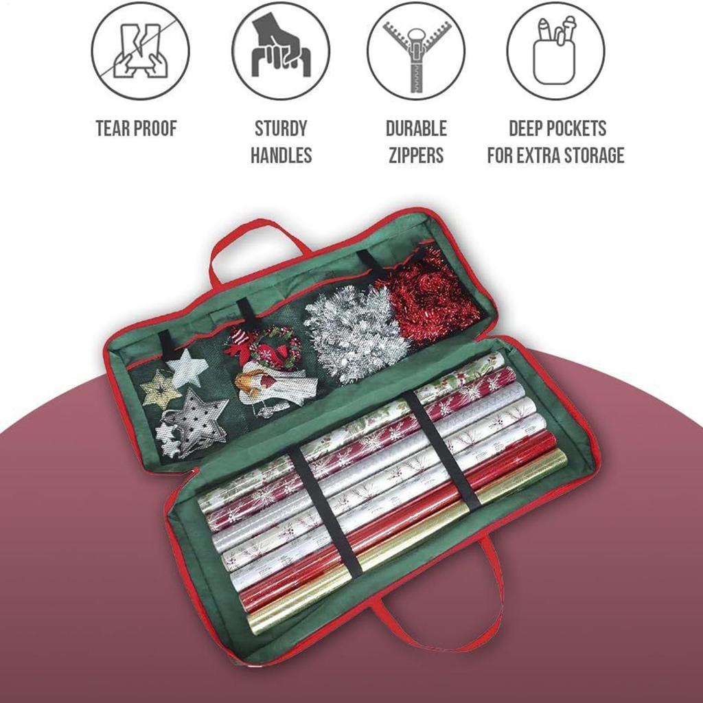 Presentpappersbehållare Dragkedja Jul Bärväska Organizerfodral för Presentpapper för Band Rosett Klistermärken Jul